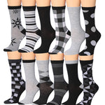 Women's 12 Pairs Lightweight Crew Socks ƒ?? Black & White Argyle, Polka Dots, Stripes Patterns - Socks