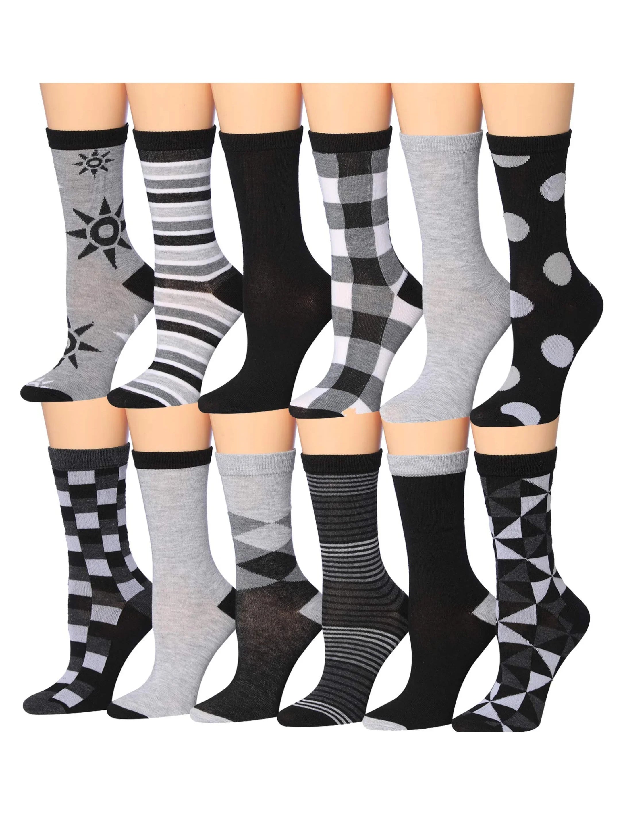 Women's 12 Pairs Lightweight Crew Socks ƒ?? Black & White Argyle, Polka Dots, Stripes Patterns - Socks