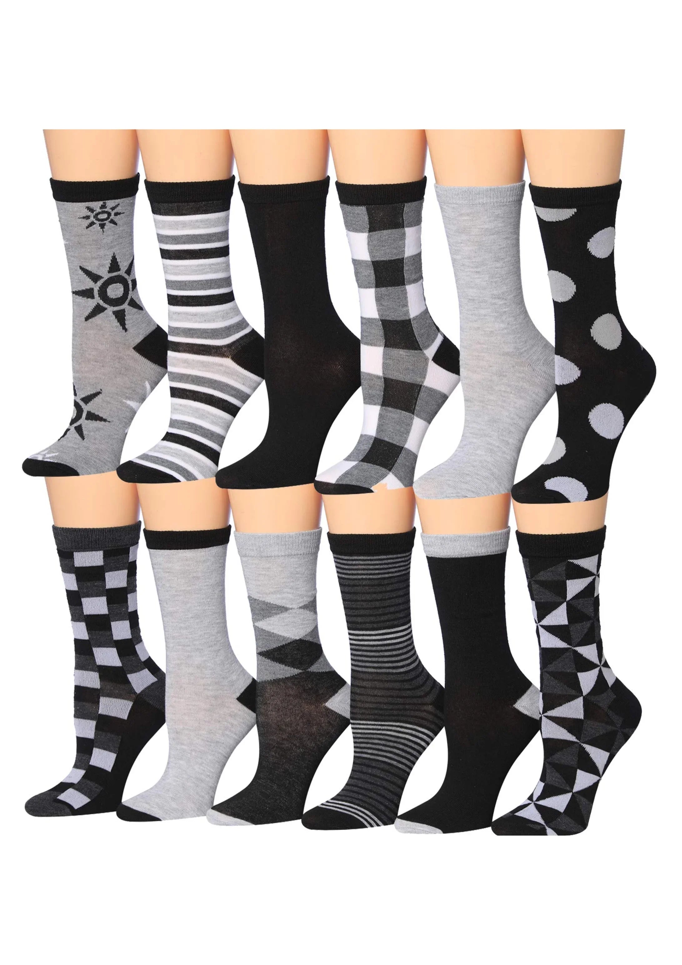 Women's 12 Pairs Lightweight Crew Socks ƒ?? Black & White Argyle, Polka Dots, Stripes Patterns - Socks