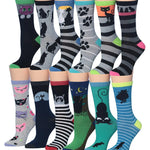 Women's 12 Pairs Lightweight Crew Socks – Colorful Cute Cat Design Patterns - Tipi Toe Socks
