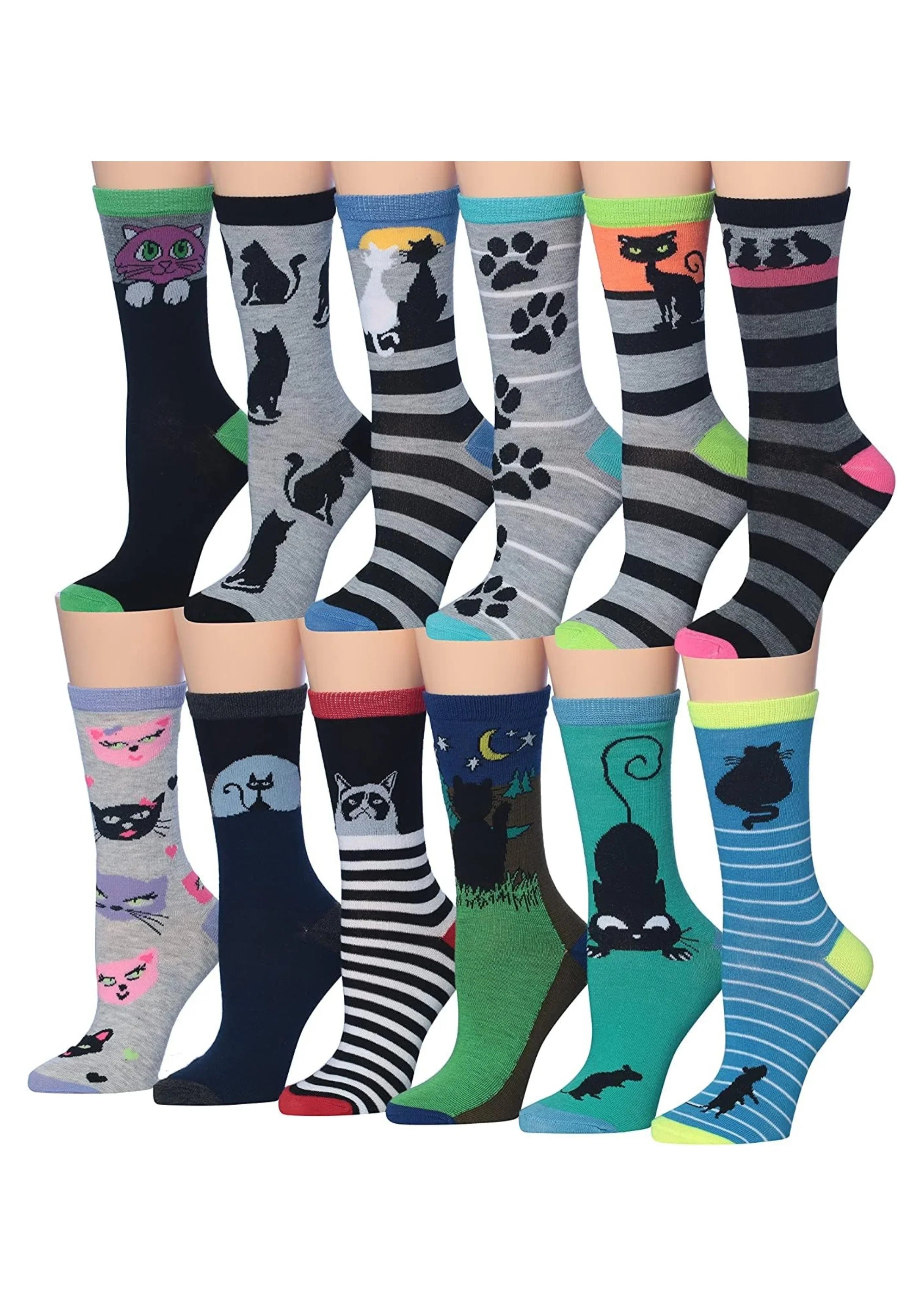 Women's 12 Pairs Lightweight Crew Socks – Colorful Cute Cat Design Patterns - Tipi Toe Socks