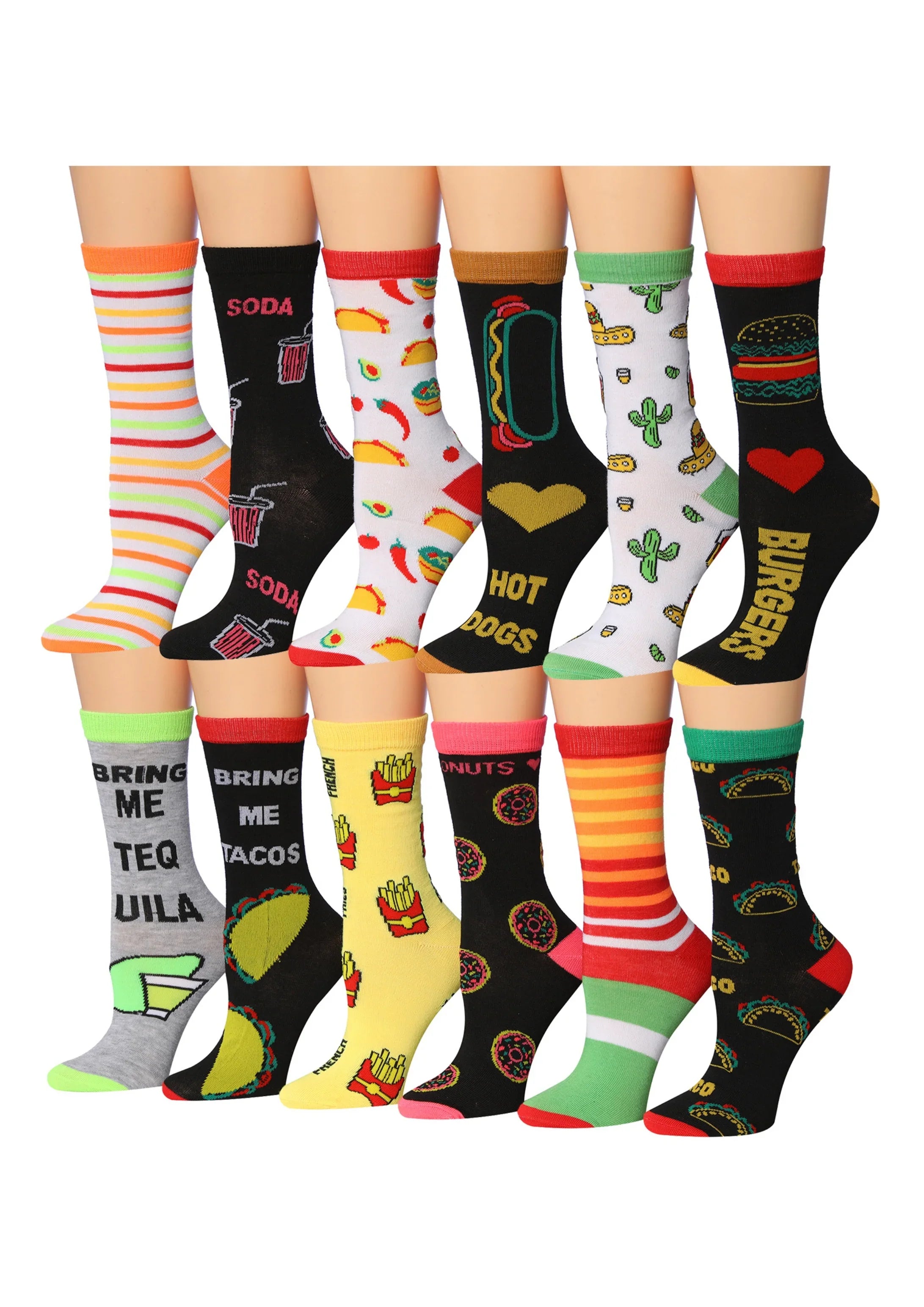 Women's 12 Pairs Lightweight Crew Socks ƒ?? Colorful Fast Food Variety Patterns - Socks