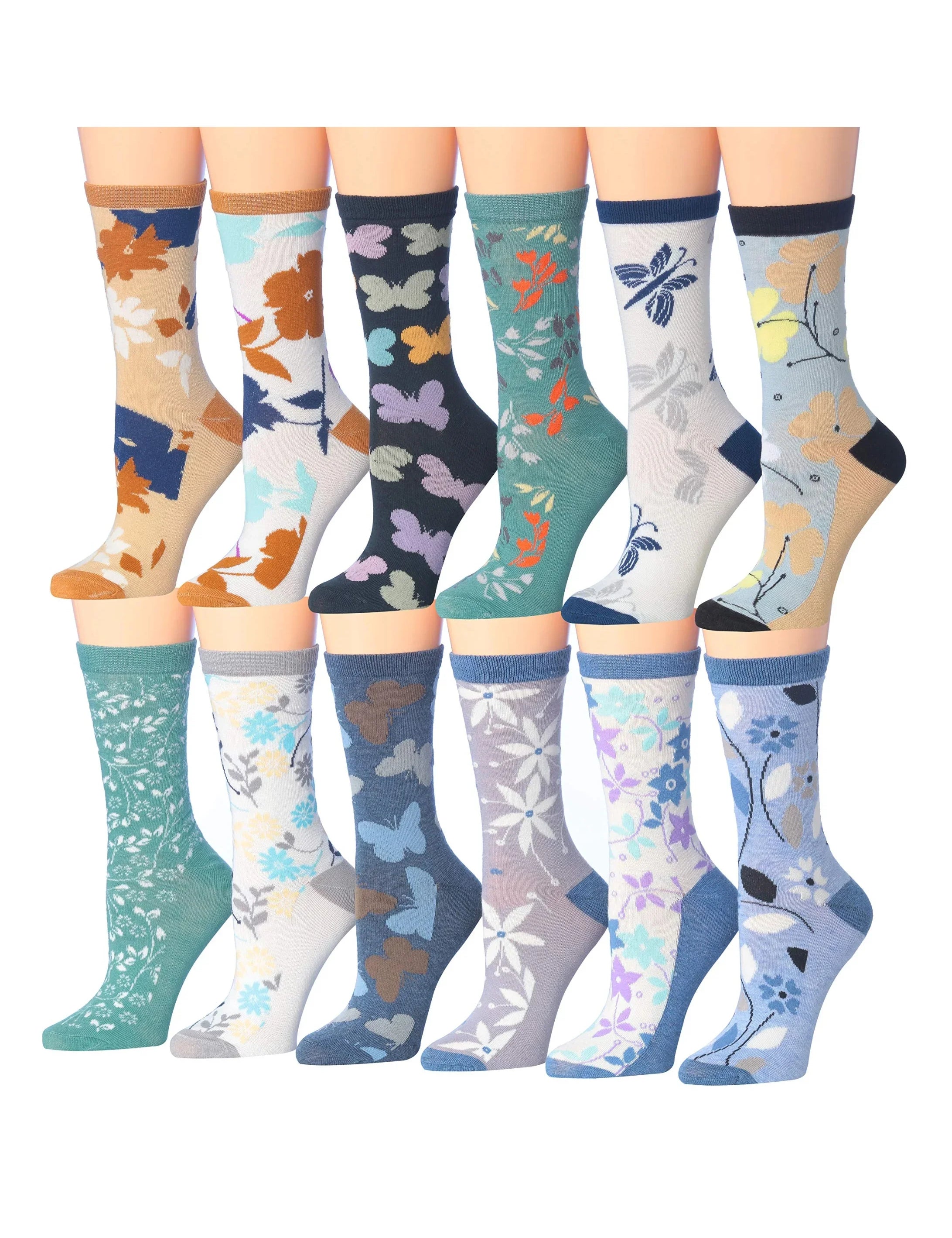 Women's 12 Pairs Lightweight Crew Socks ƒ?? Colorful Nature Leaf Flower Patterns - Socks