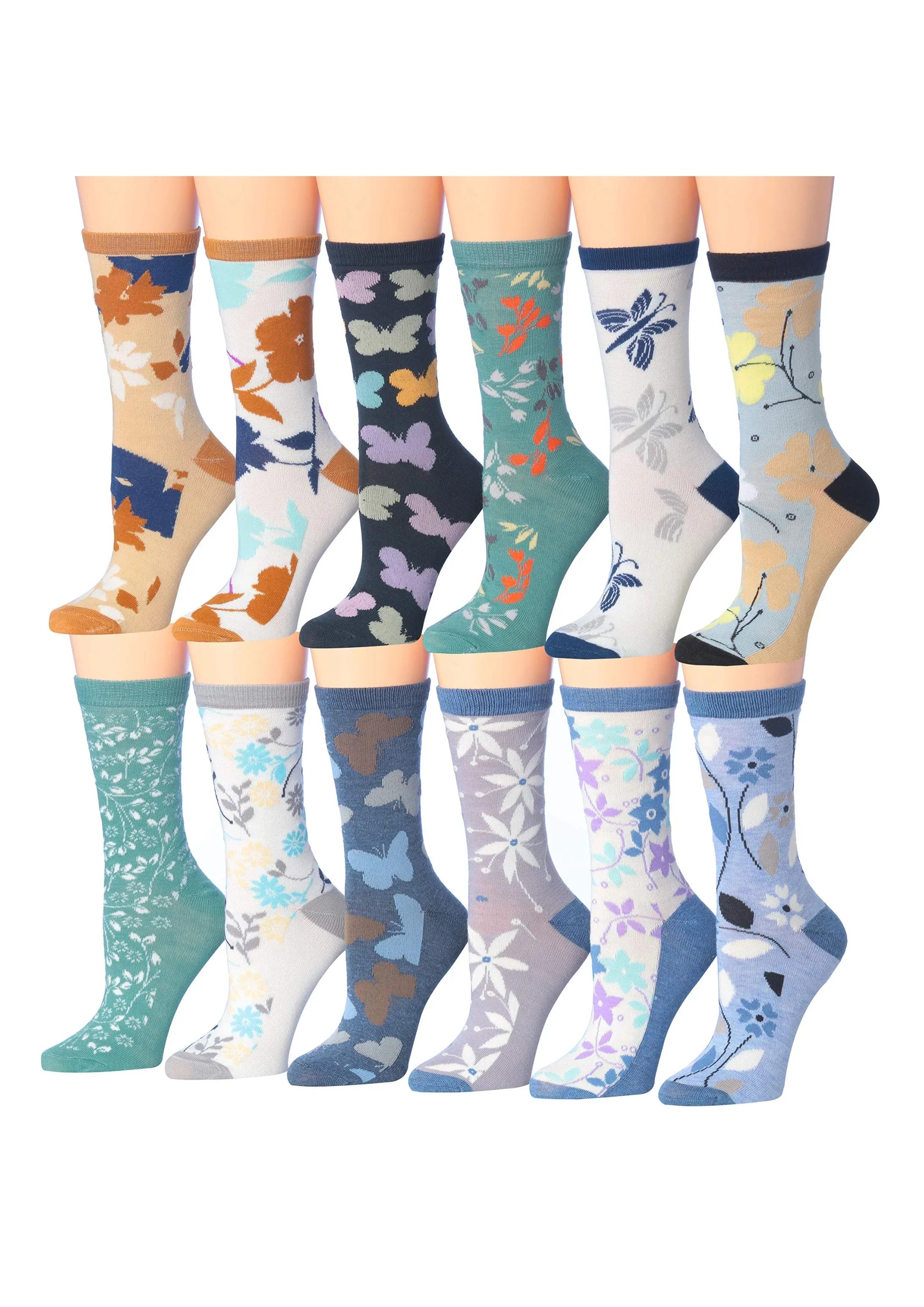 Women's 12 Pairs Lightweight Crew Socks ƒ?? Colorful Nature Leaf Flower Patterns - Socks
