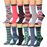 Women's 12 Pairs Lightweight Crew Socks ƒ?? Pink & Green Colorblock, Stripes Patterns - Socks