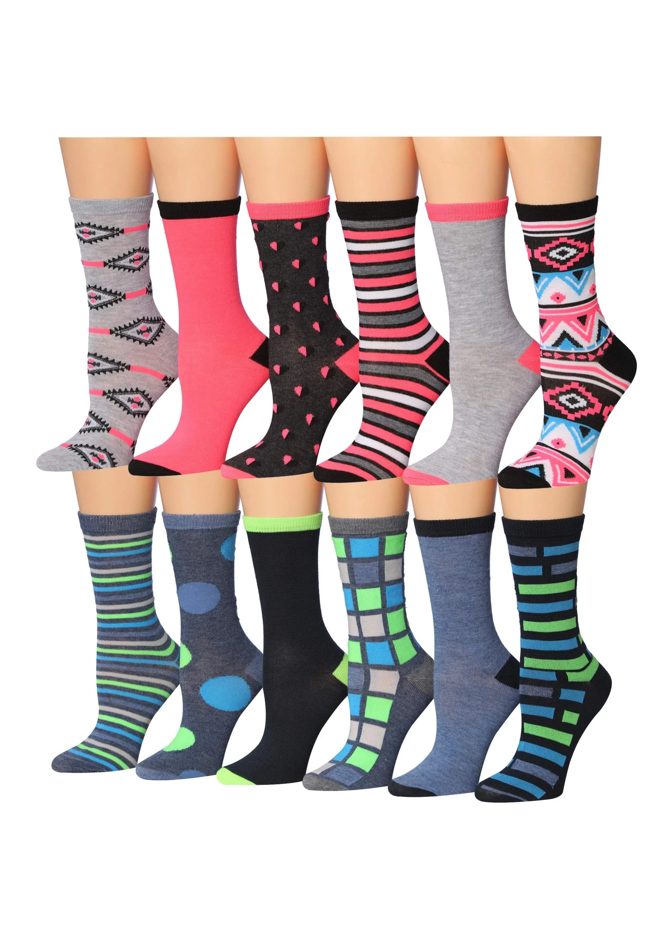Women's 12 Pairs Lightweight Crew Socks ƒ?? Pink & Green Colorblock, Stripes Patterns - Socks