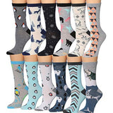Tipi Toe Women's 12 Pairs Lightweight Colorful Patterned Crew Socks