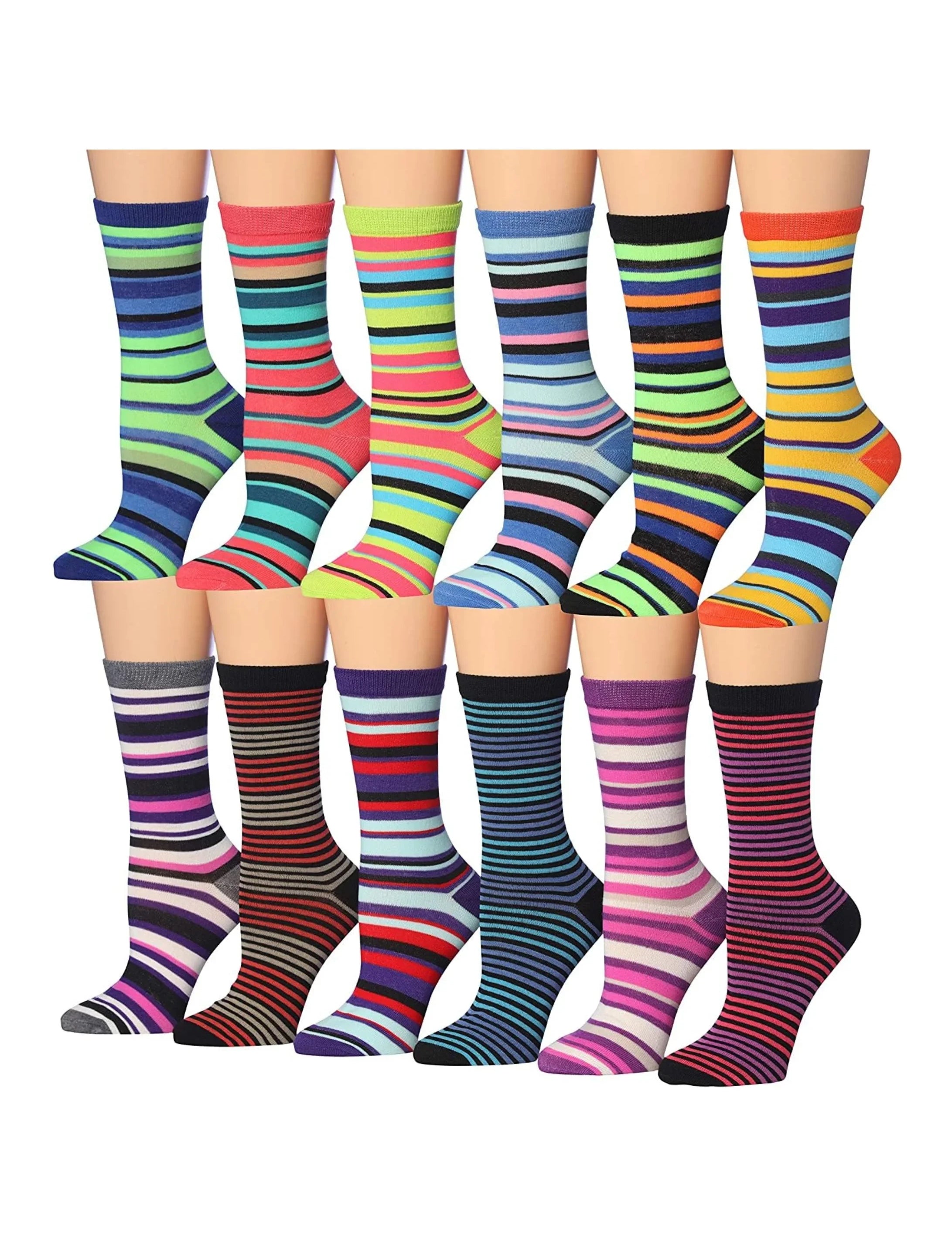 Women's 12 Pairs Lightweight Crew Socks ƒ?? Colorful Stripes Patterns - Socks