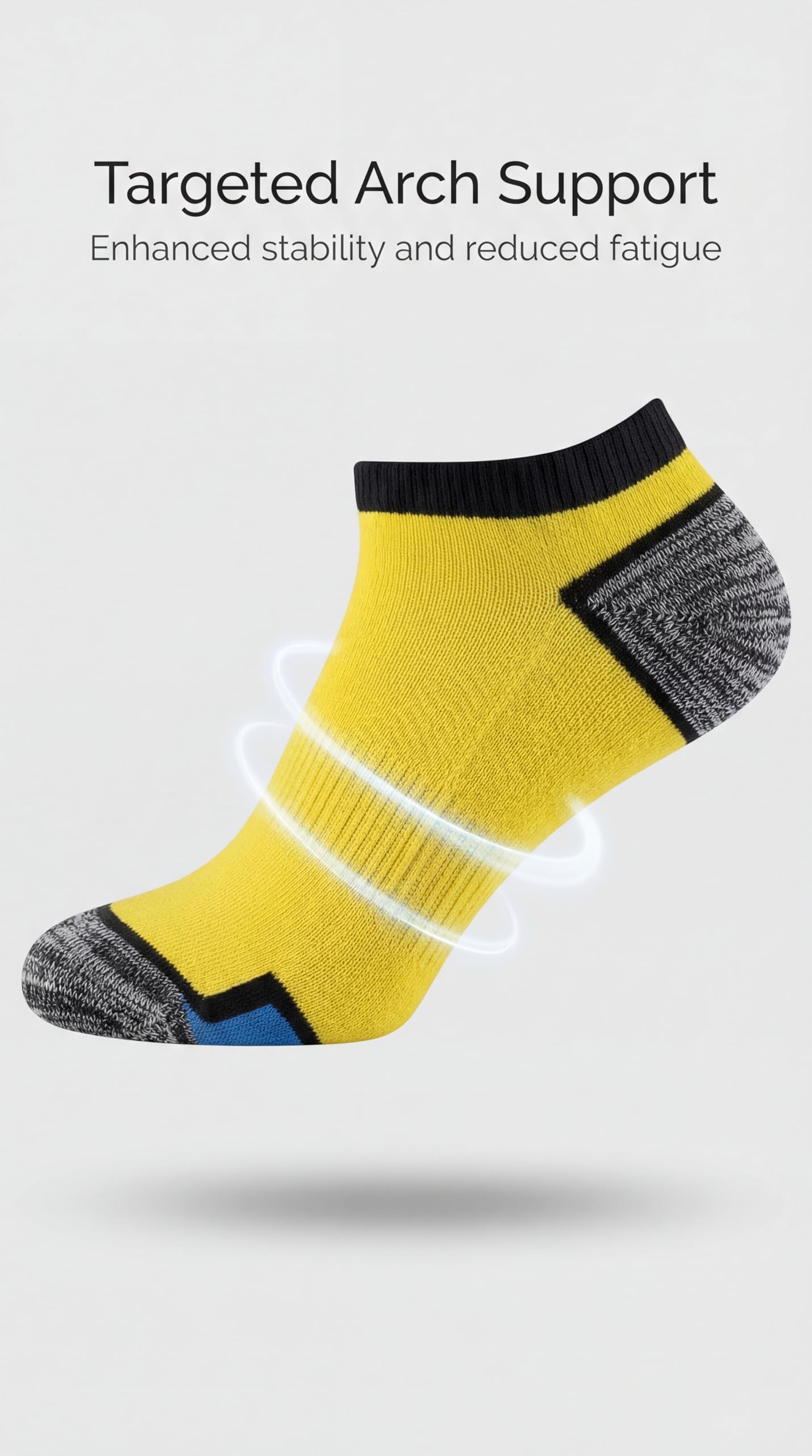 Yellow ankle sock with targeted arch support on a light gray background
