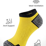 Yellow sock with black and gray accents on a white background, featuring text and icons about sock features.