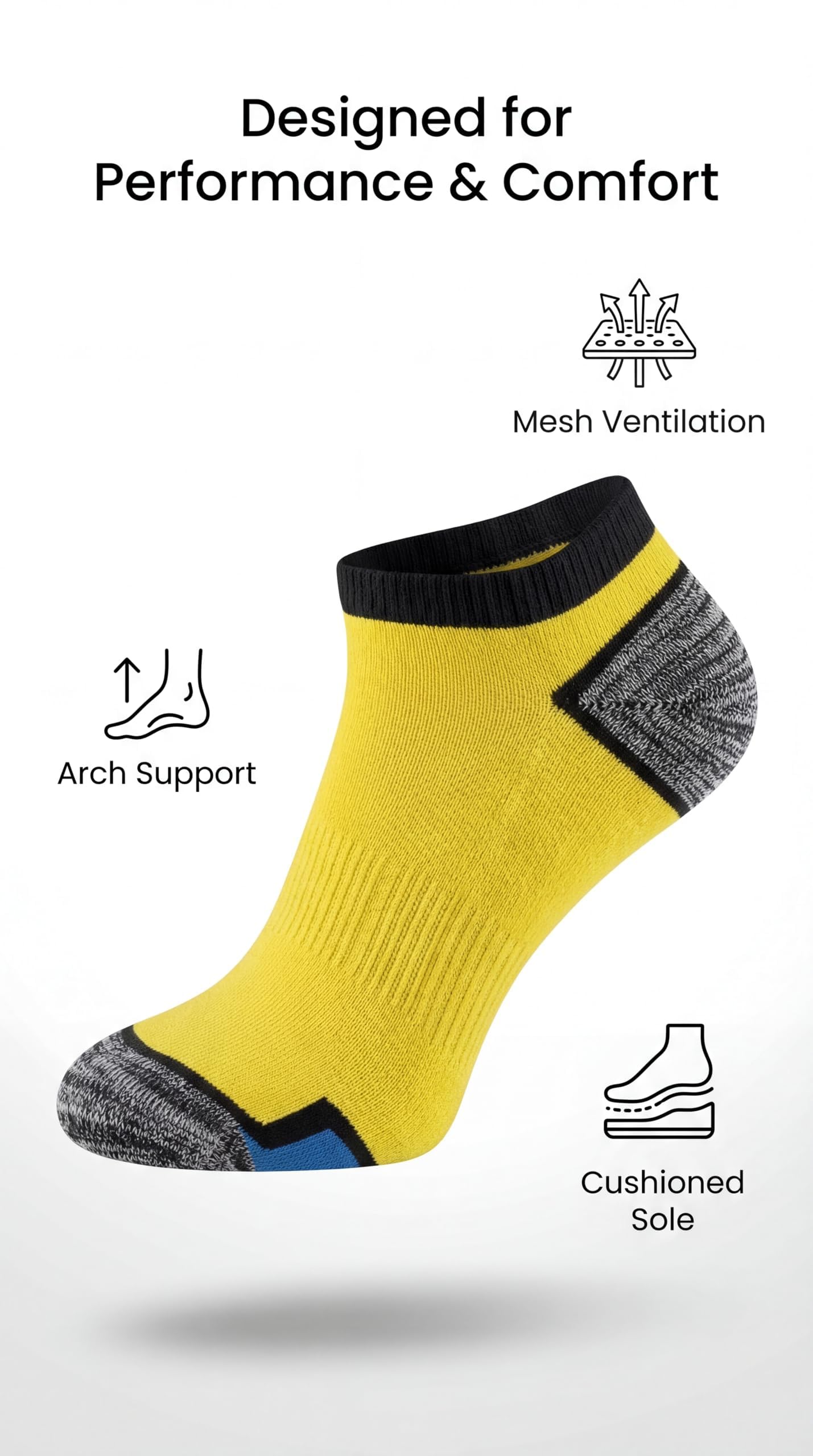 Yellow sock with black and gray accents on a white background, featuring text and icons about sock features.