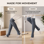 A split promotional image showing a pair of gray leg warmers worn on both legs in a studio setting. The left side is labeled 'YOGA' and shows the warmers with flexible coverage for yoga practice.