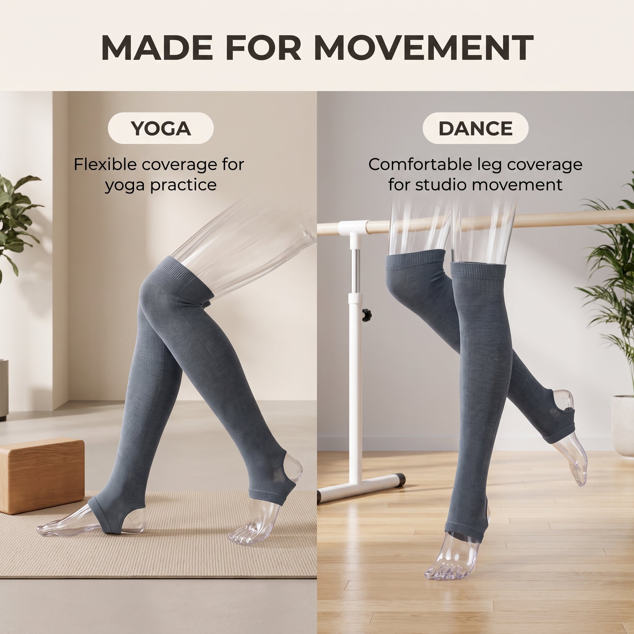A split promotional image showing a pair of gray leg warmers worn on both legs in a studio setting. The left side is labeled 'YOGA' and shows the warmers with flexible coverage for yoga practice.