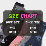 A size chart graphic overlaid on a fan of assorted patterned socks. The chart reads 'SIZE CHART' with 'SOCK SIZE 9-11 10-13' on the left and 'SHOE SIZE 6-10 10-13' on the right.