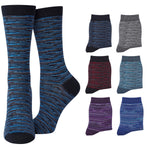 A pair of knee-high socks shown in a large front view on the left and six smaller color variants on the right, all on a plain white background. The main pair has a marled stripe pattern in blue, black, and gray, with a solid black cuff, toe, and heel.