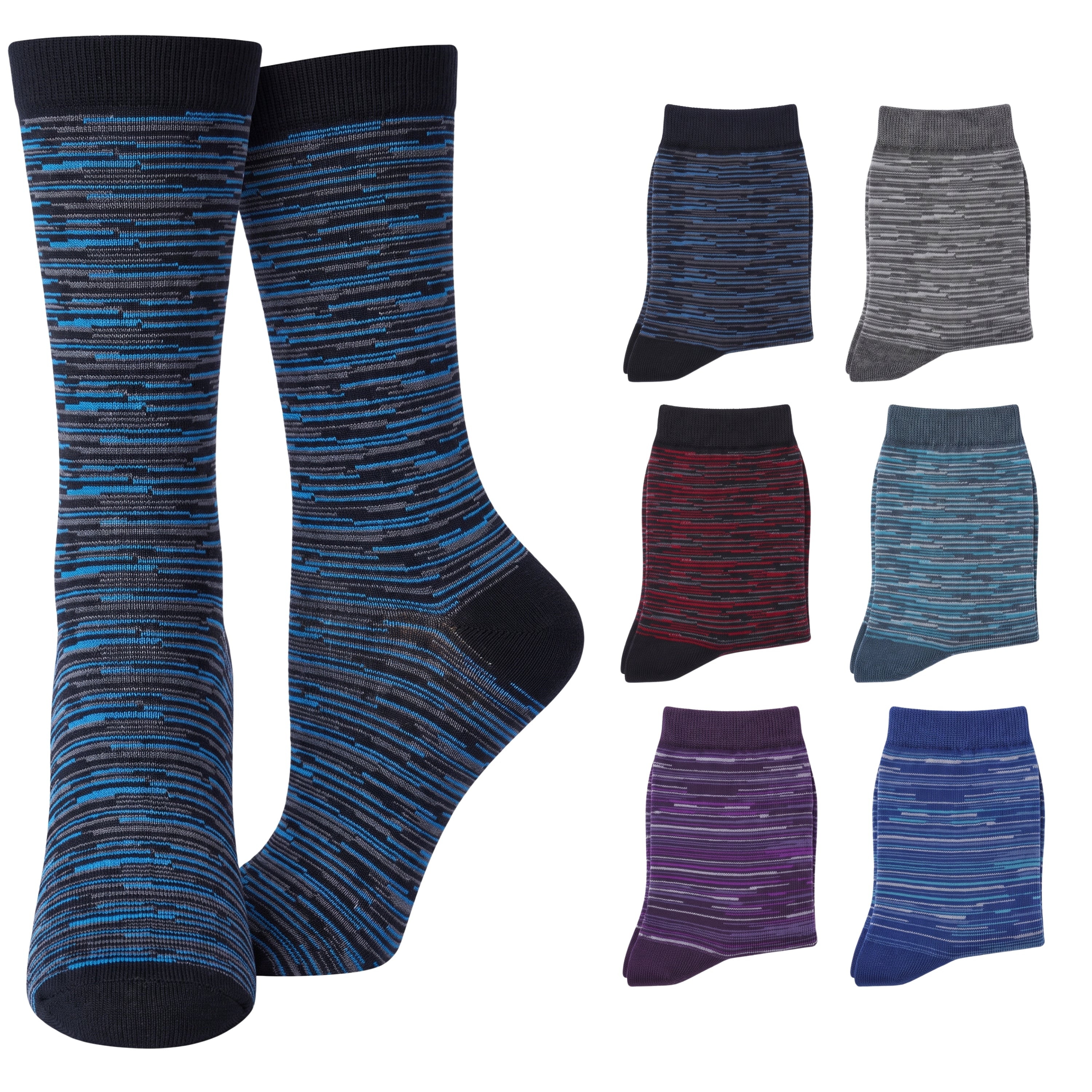 A pair of knee-high socks shown in a large front view on the left and six smaller color variants on the right, all on a plain white background. The main pair has a marled stripe pattern in blue, black, and gray, with a solid black cuff, toe, and heel.