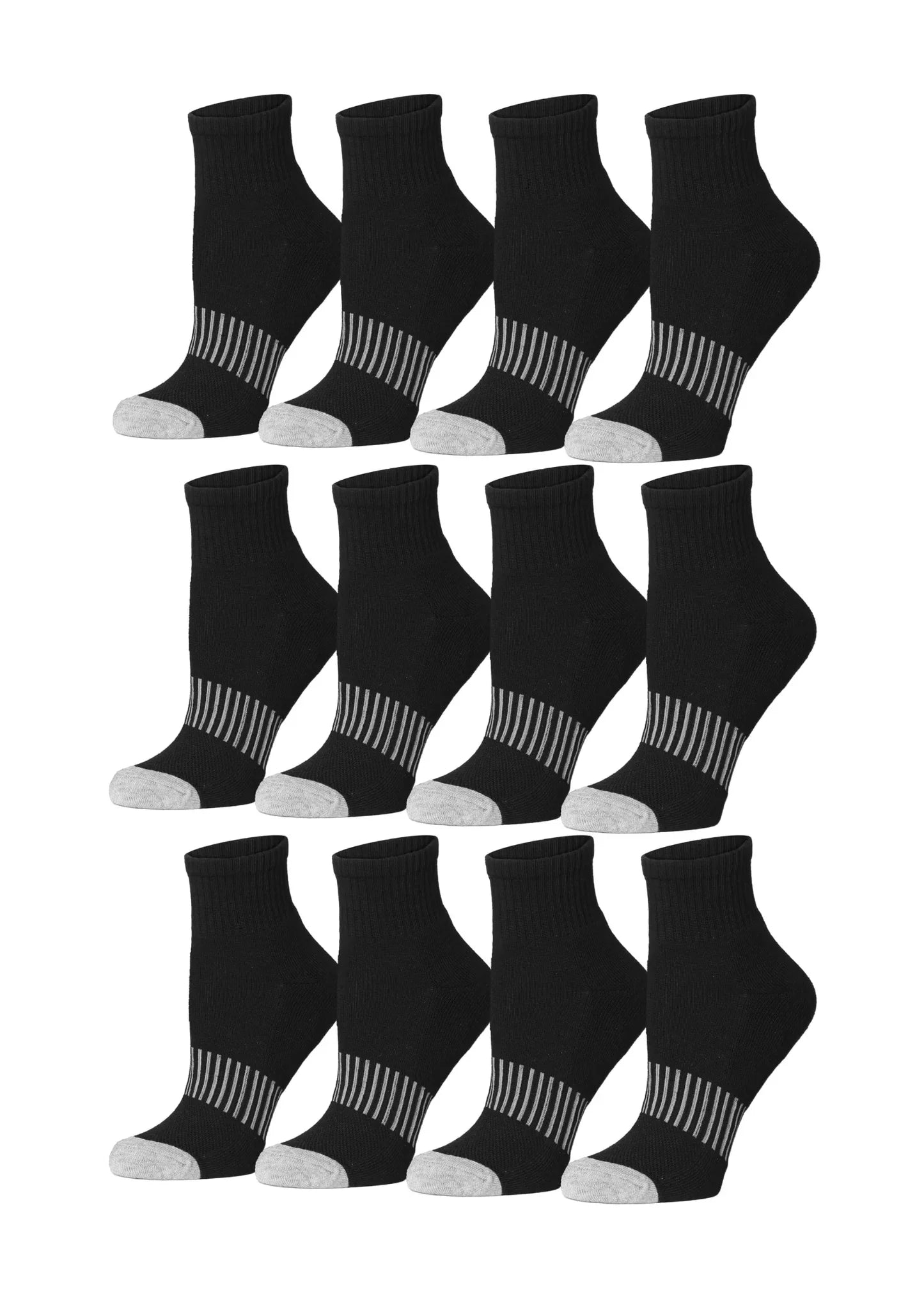 Women's 12 Pairs Midnight Mosaic Ankle and Quarter Athletic Socks with Gray Checkered Patterns and Colored Toes ƒ?? Running and Sports Performance Socks Displayed on White Background.