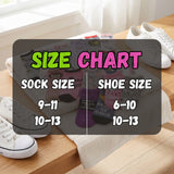 A size chart graphic overlaid on a styled flat-lay of socks and white sneakers on a wooden bench, showing conversions between sock size 9-11 and 10-13 and shoe size 6-10 and 10-13.