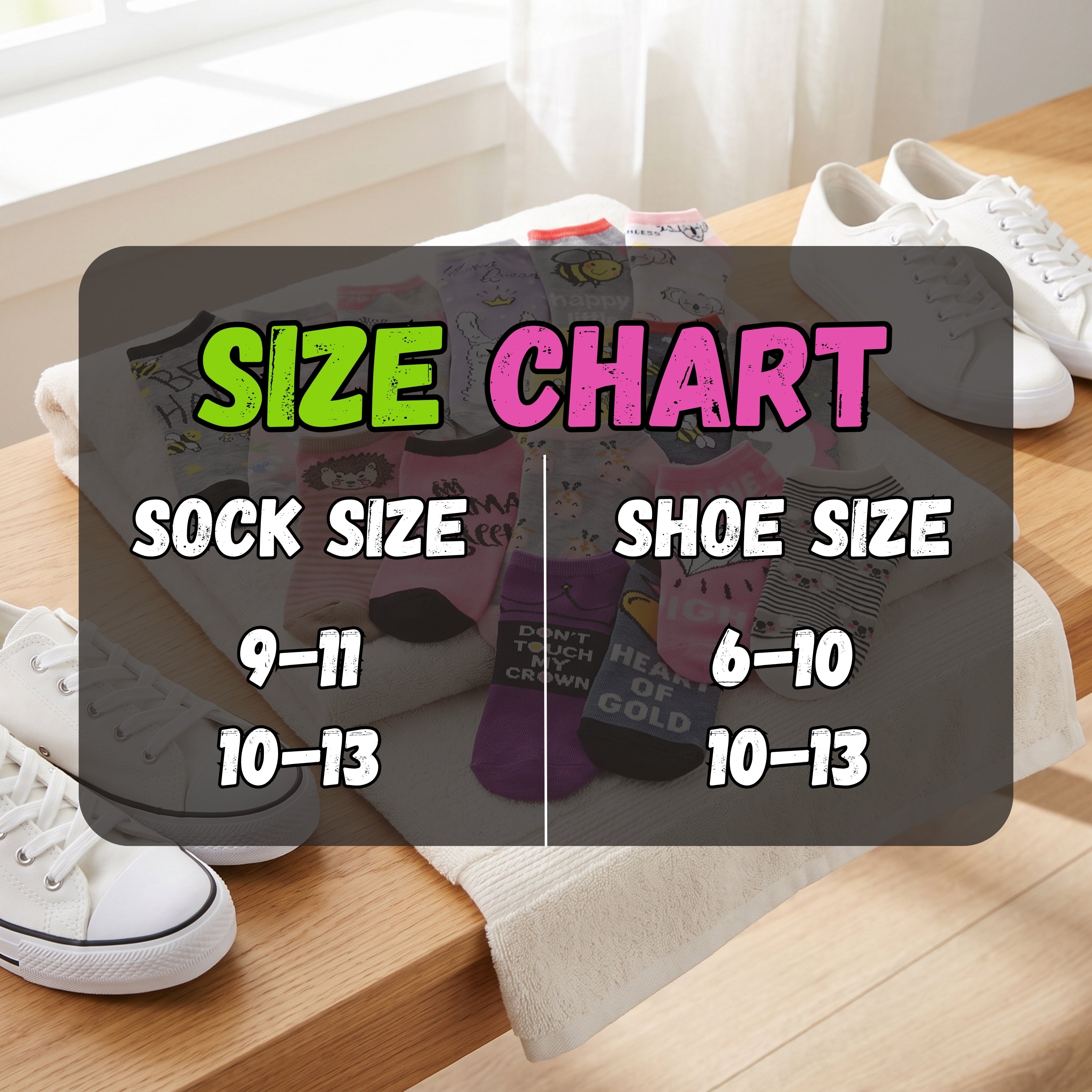 A size chart graphic overlaid on a styled flat-lay of socks and white sneakers on a wooden bench, showing conversions between sock size 9-11 and 10-13 and shoe size 6-10 and 10-13.