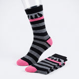 A pair of crew socks with black and gray horizontal stripes, featuring a pink band near the cuff with black cat silhouettes and bright pink toes and heels. One sock is displayed on a clear mannequin leg, while the other is folded on a white studio background.
