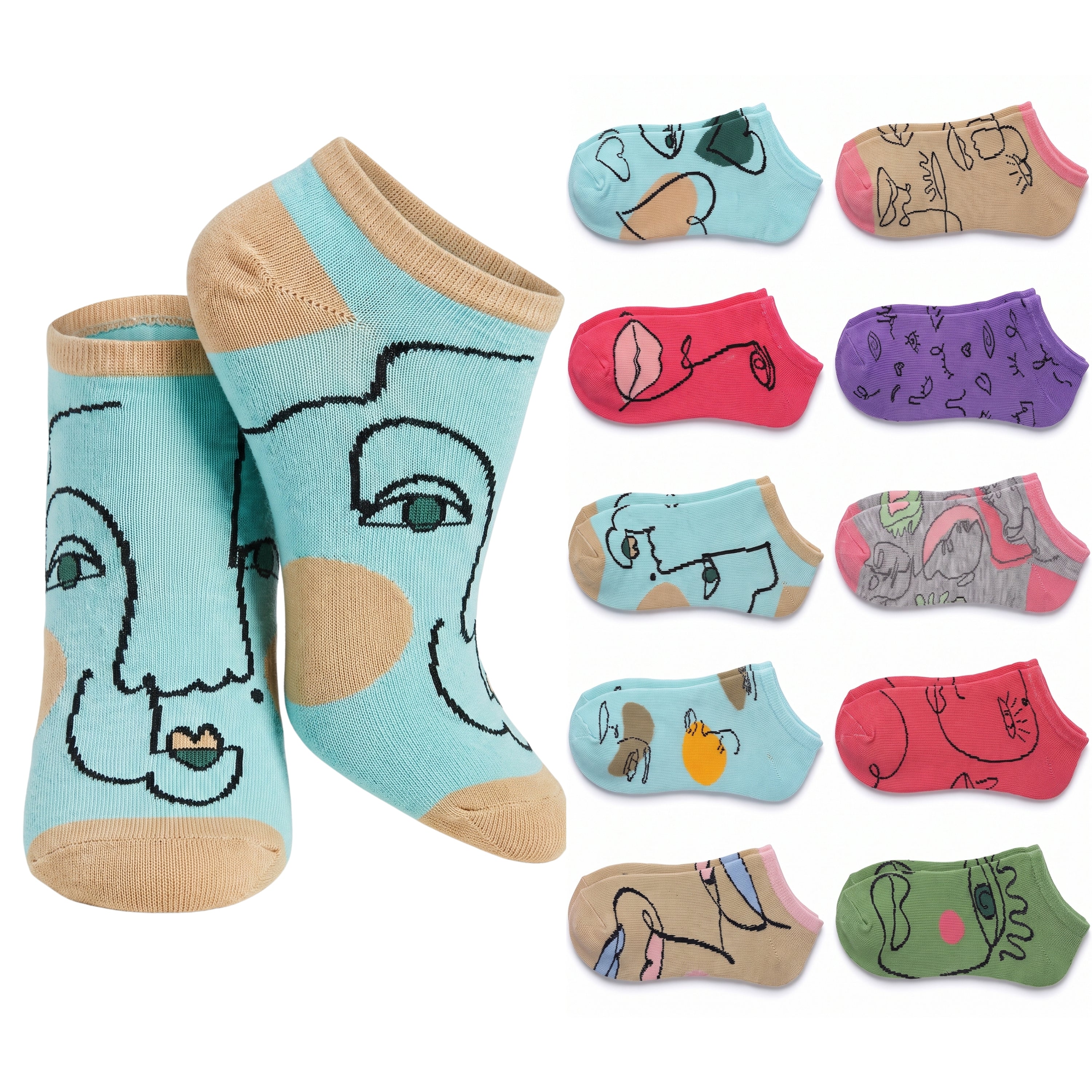 A set of low-cut ankle socks shown on a plain white background, with two larger socks in front and a vertical row of smaller color/style variants behind them. The front socks are light aqua blue with beige toe/heel areas and black line-art facial features; the side variants show different prints and colors including pink, purple, gray, green, and tan.