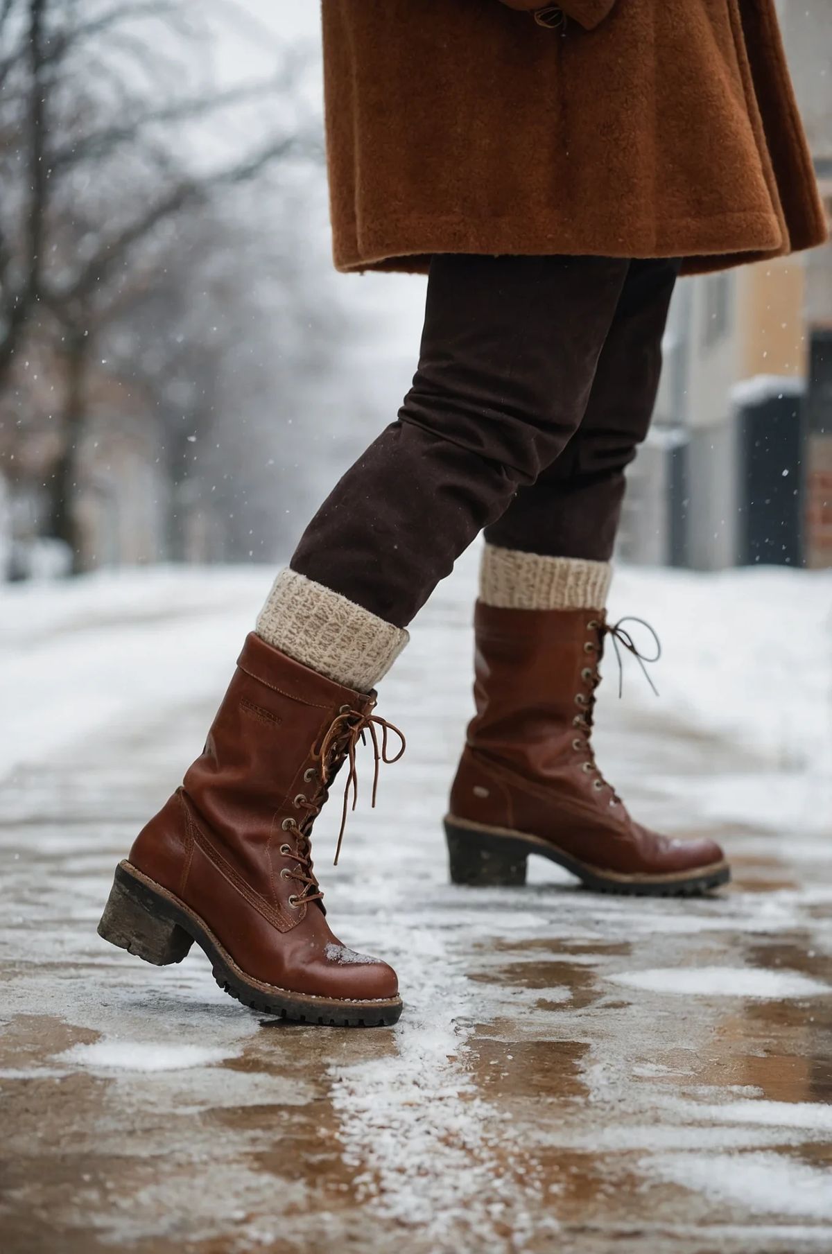 Person wearing brown boots and coat on a snowy street