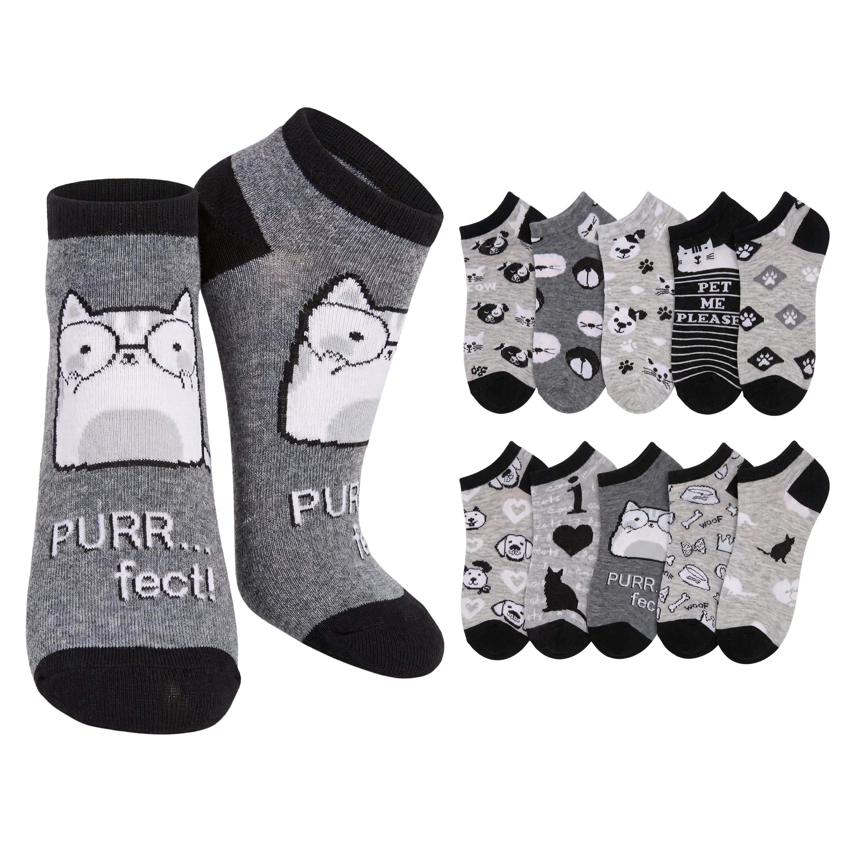 A set of low-cut socks featuring a cat-themed design. The main pair on the left is heather gray with black cuffs, heels, and toes, decorated with a cartoon cat wearing glasses and the text 'PURR.