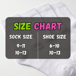 A size chart graphic overlaid on folded white socks, showing sock size ranges 9-11 and 10-13 paired with shoe size ranges 6-10 and 10-13.