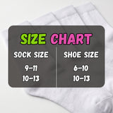 A size chart graphic overlaid on folded white socks, showing sock size ranges 9-11 and 10-13 paired with shoe size ranges 6-10 and 10-13.