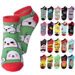A set of low-cut ankle socks shown on a white background, featuring a large pair in the foreground with a green base, white cartoon polar bear pattern, and red cuffs/soles, alongside a grid of smaller color/style variants with different cartoon characters.
