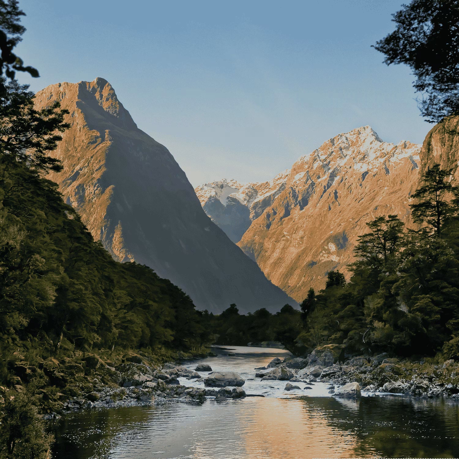 Mountainous landscape with a river flowing through a valley