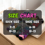 A size chart overlay for socks showing a comparison between sock size and shoe size. The text reads 'SIZE CHART' with 'SOCK SIZE' on the left and 'SHOE SIZE' on the right, listing ranges 9-11 / 6-10 and 10-13 / 10-13.