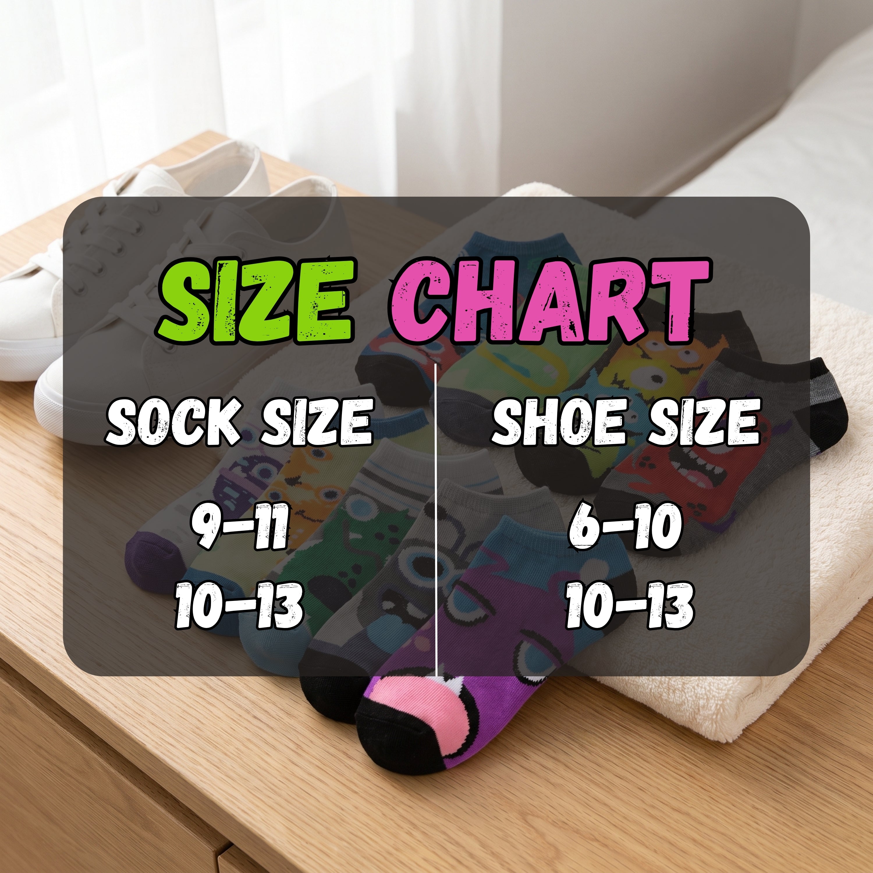 A size chart overlay for socks showing a comparison between sock size and shoe size. The text reads 'SIZE CHART' with 'SOCK SIZE' on the left and 'SHOE SIZE' on the right, listing ranges 9-11 / 6-10 and 10-13 / 10-13.
