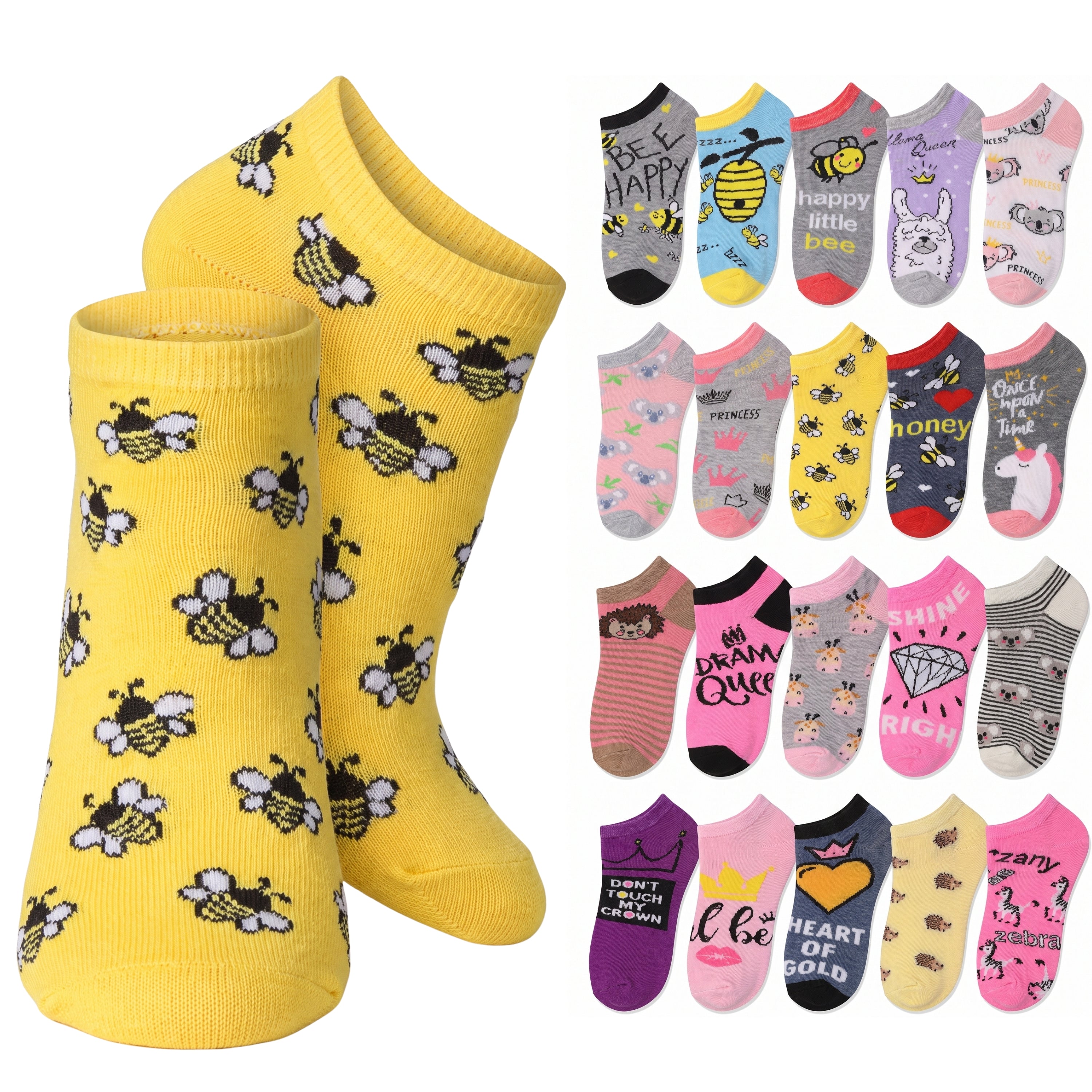 A pair of yellow low-cut socks with a repeating bumblebee pattern, shown next to a grid of multiple other colorful sock designs featuring bees, bunnies, bears, and text slogans.