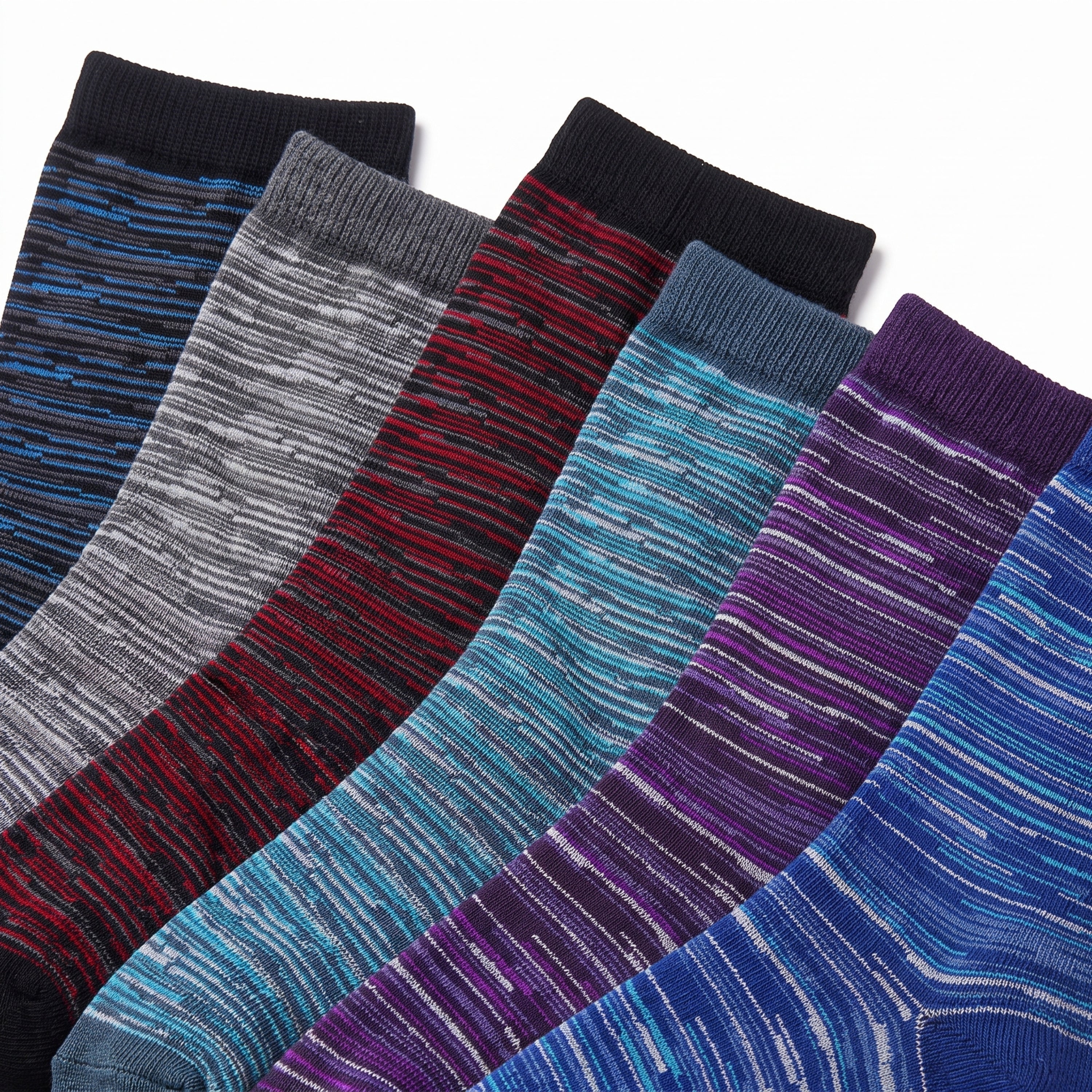 Six pairs of crew socks fanned out diagonally, showcasing different colorways with a marled stripe pattern. The colors include navy, gray, red, black, teal, and purple, set against a clean white background.