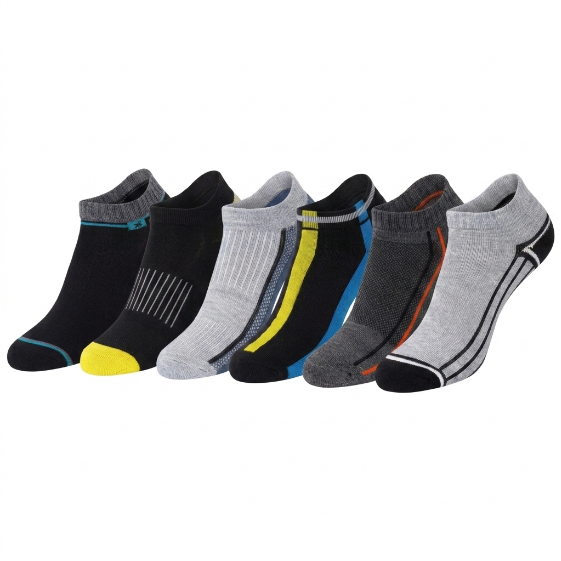 Six pairs of low-cut athletic socks arranged in a row on a white background. The socks come in black, gray, and heather gray colors with various accent stripes in blue, yellow, orange, and white.