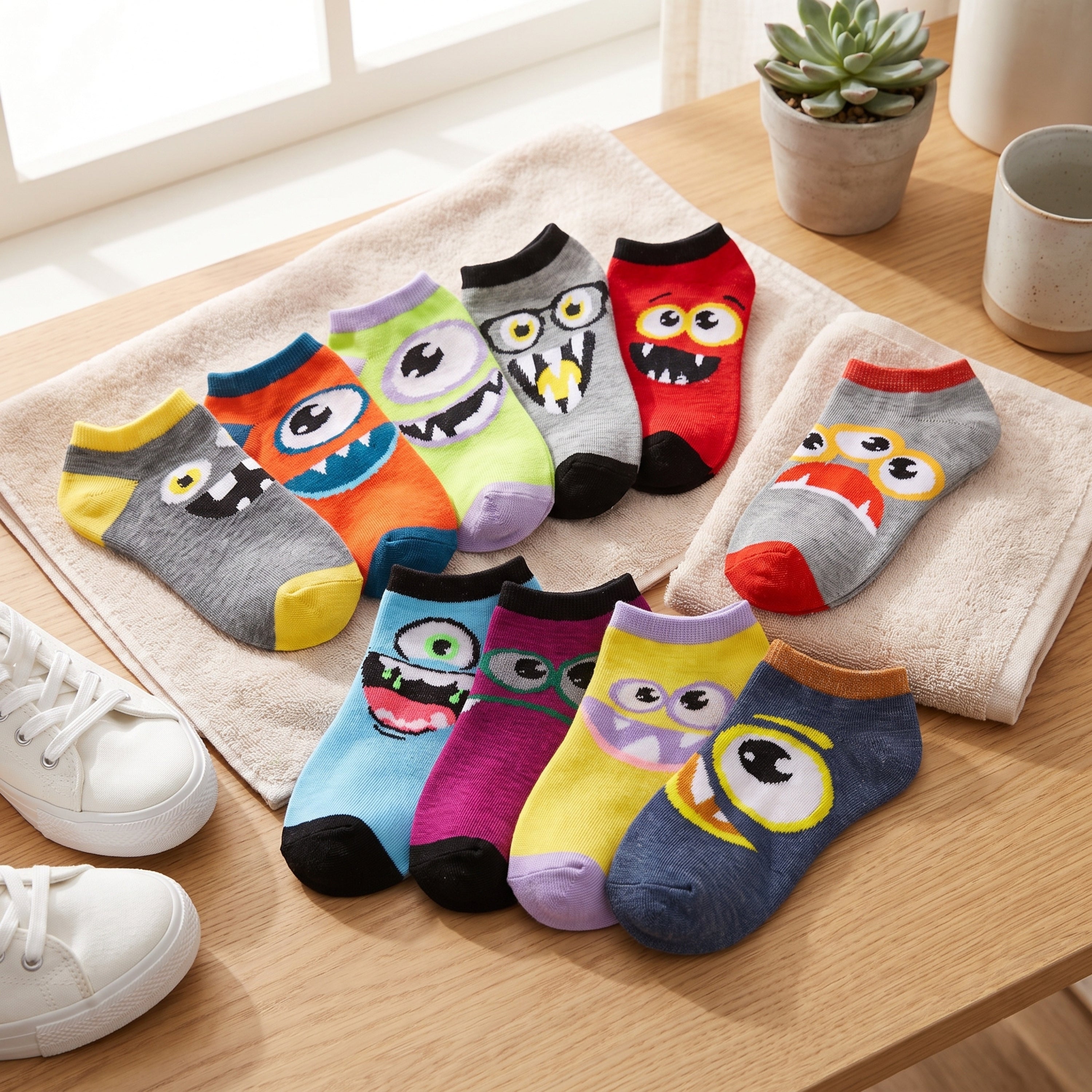 A set of colorful children's ankle socks with cartoon monster faces, arranged on a beige towel on a wooden table next to white sneakers and a small potted succulent.