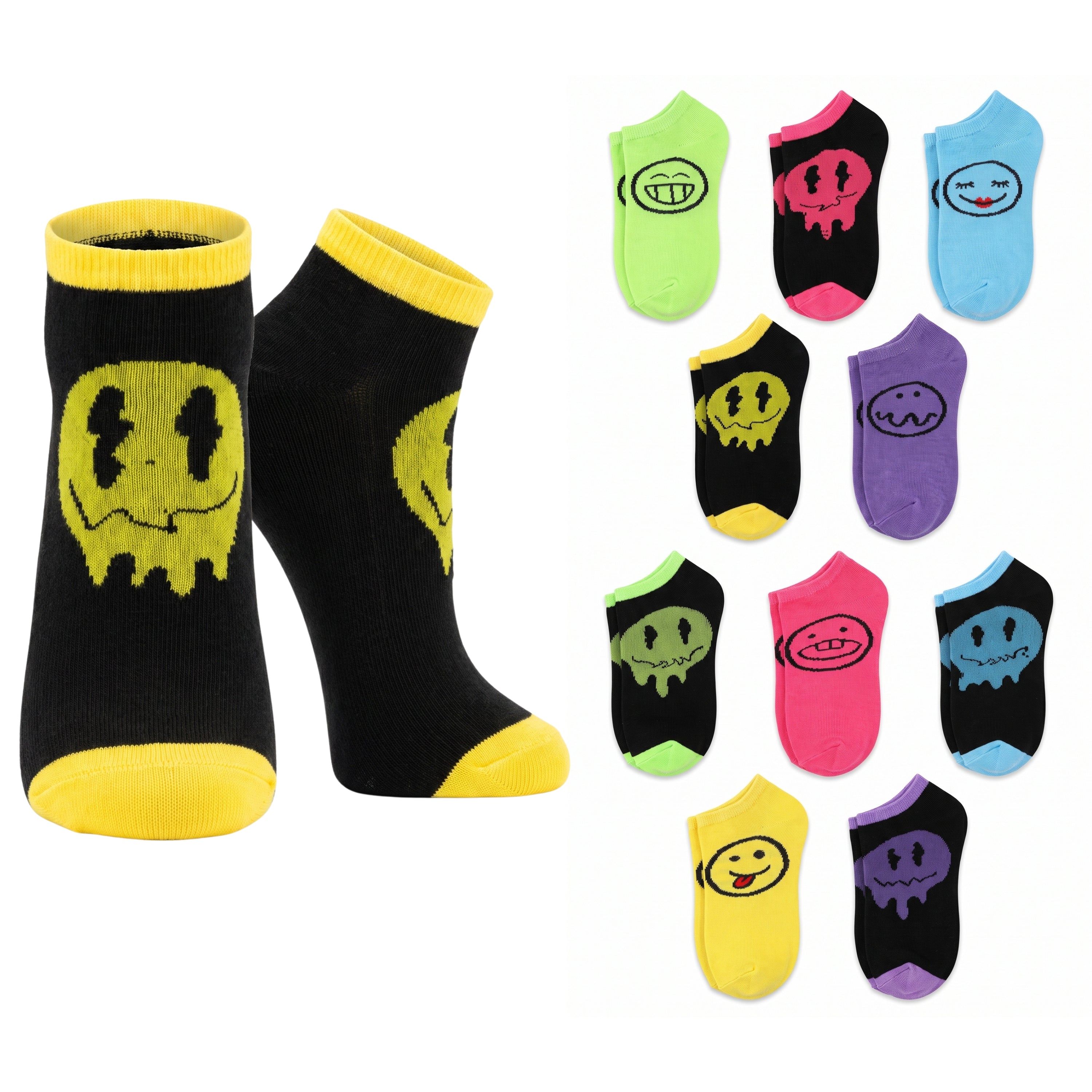 A pair of black ankle socks with yellow trim and a yellow dripping smiley face graphic, shown alongside a grid of other color options featuring the same design.