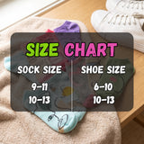 A size chart graphic overlaid on a photo of several pastel socks laid on a beige towel beside white sneakers on a wooden floor. The chart compares sock size to shoe size with ranges such as 9-11, 10-13, and 6-10, 10-13.