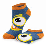 A pair of low-cut ankle socks with a blue heathered body, orange cuffs and toes, and a large cartoon eye graphic in yellow, white, and black on the side.
