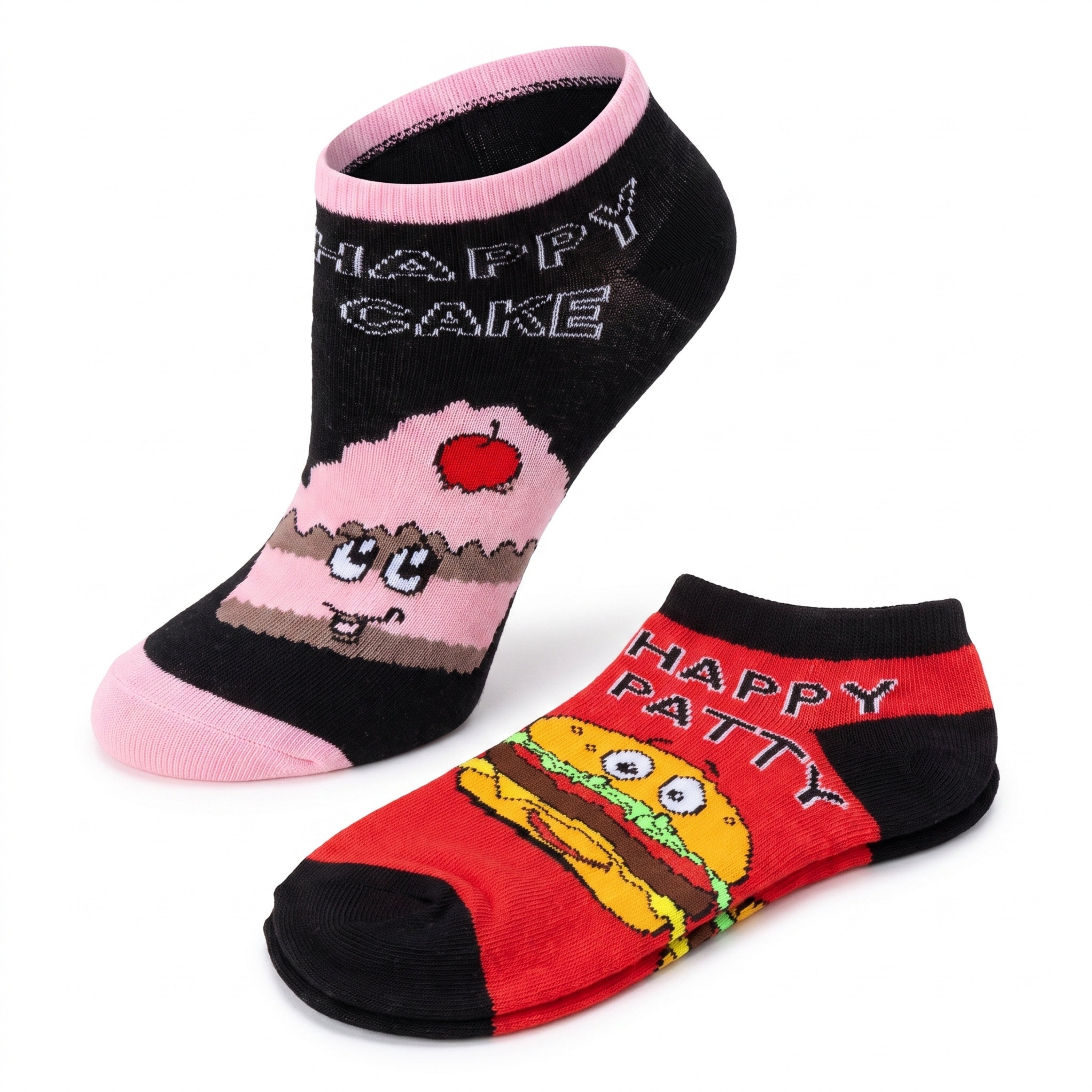 A pair of novelty low-cut socks on a white background. One sock is black with a pink cuff and toe, featuring a cartoon cupcake and the text 'HAPPY CAKE'.