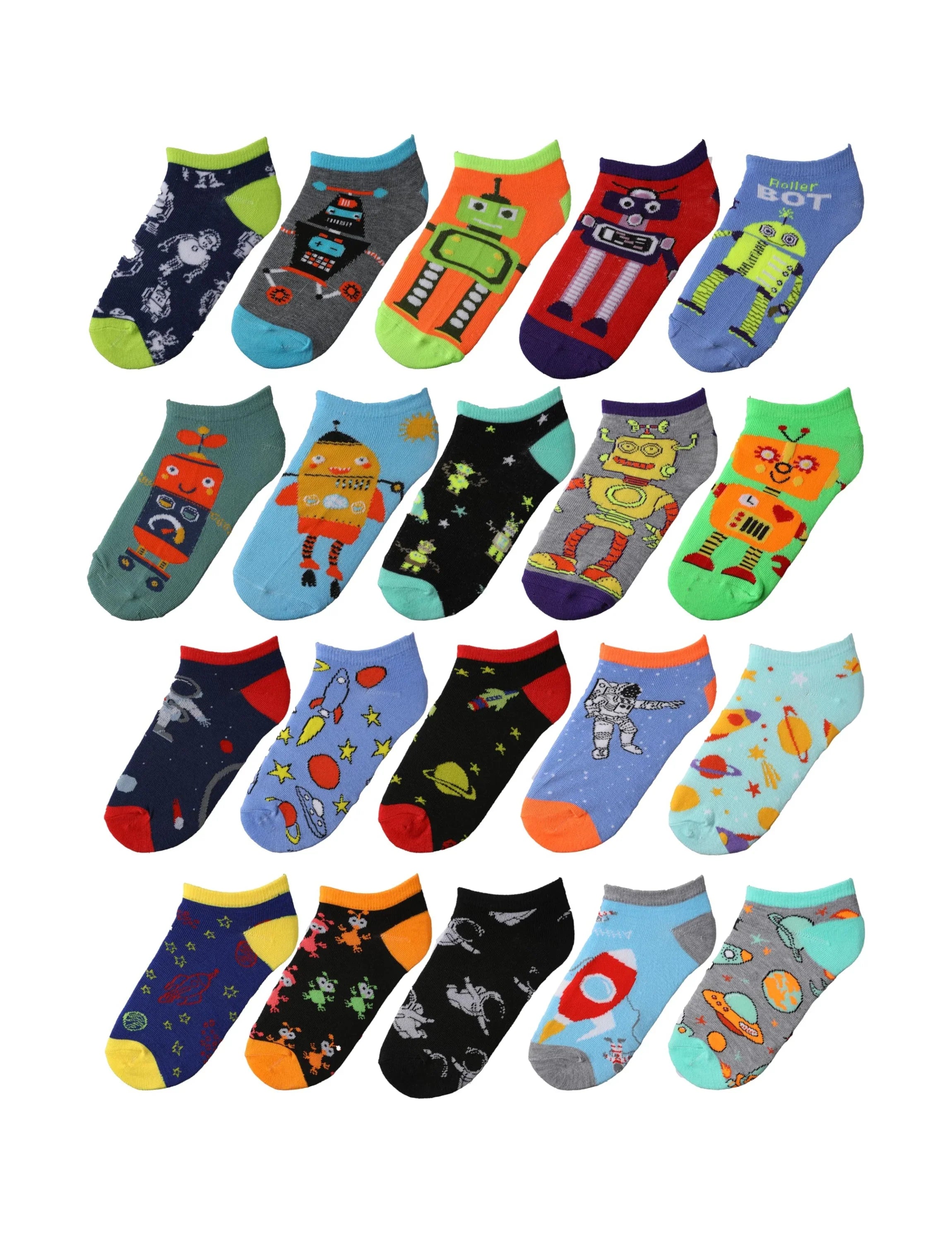  Kids Boys 20 Pairs Cassy Lightweight Novelty Space Explorer Medley Pattern Low Cut/No Show Socks -  Socks