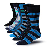 Set of six pairs of patterned socks on a white background