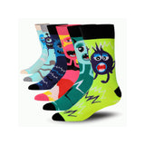Set of colorful socks with cartoon character designs on a white background