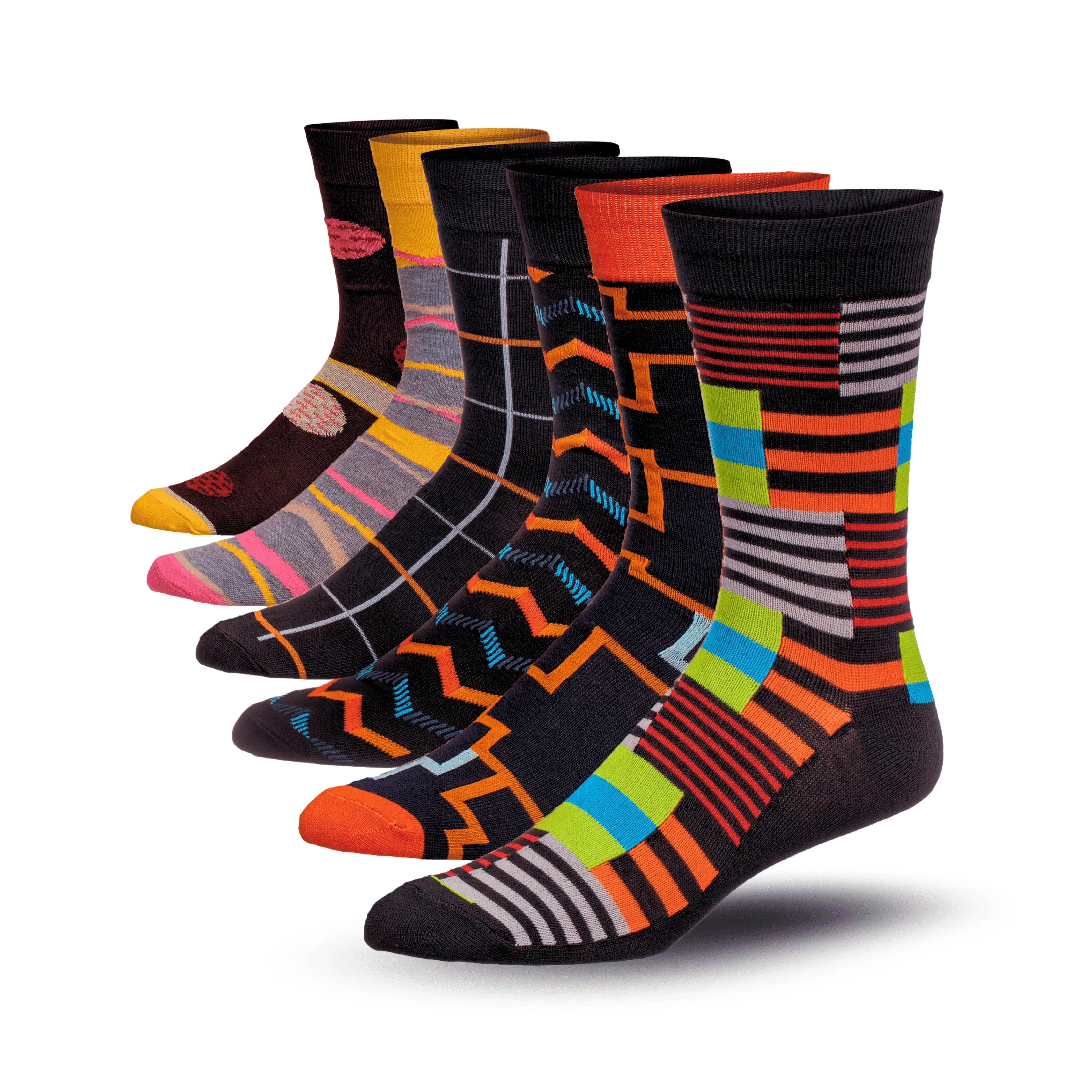 Set of colorful patterned socks on a white background