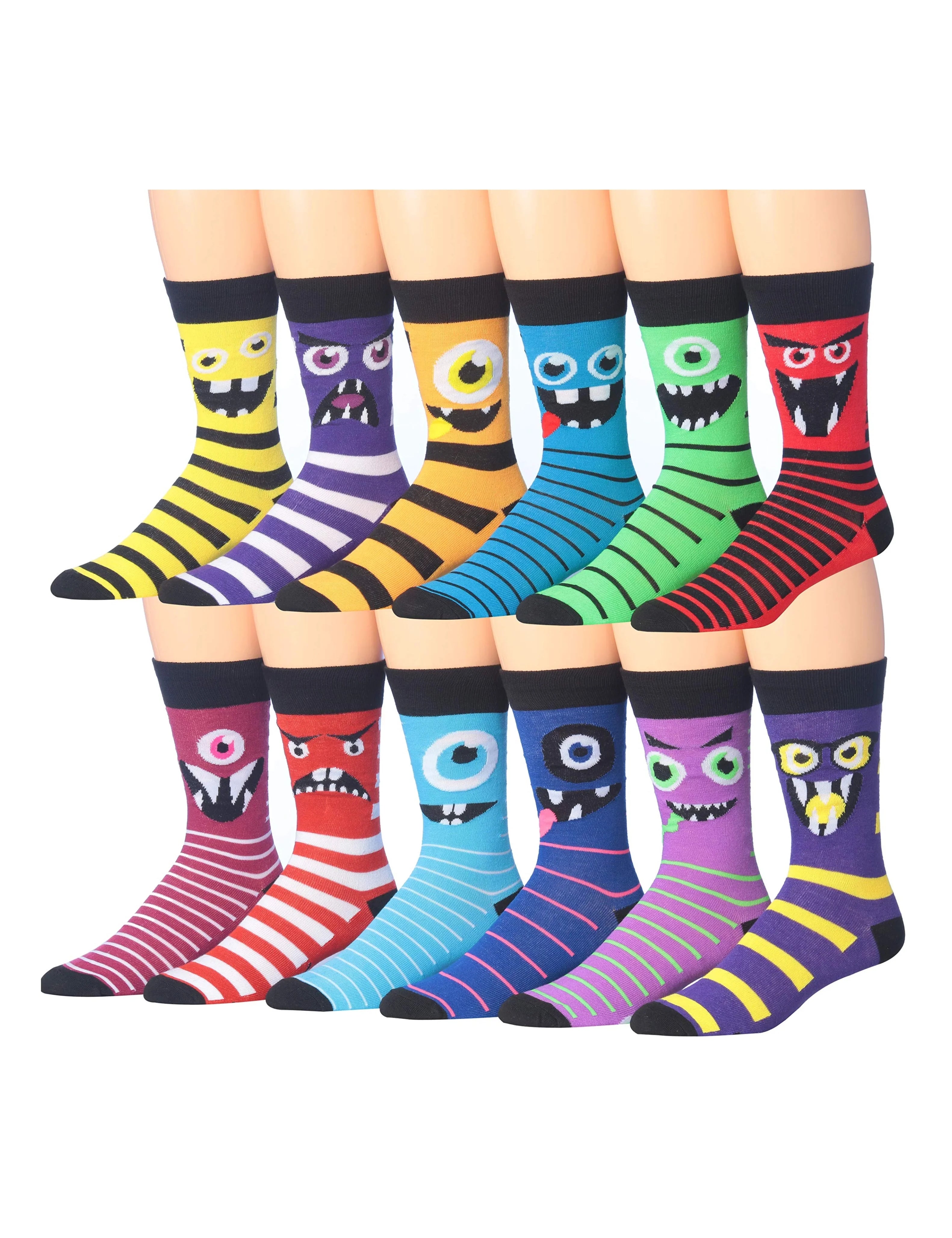 Men's 12 Pairs Casual Novelty Gapped Striped Monster Colorful Patterned Dress Socks for Men - Socks