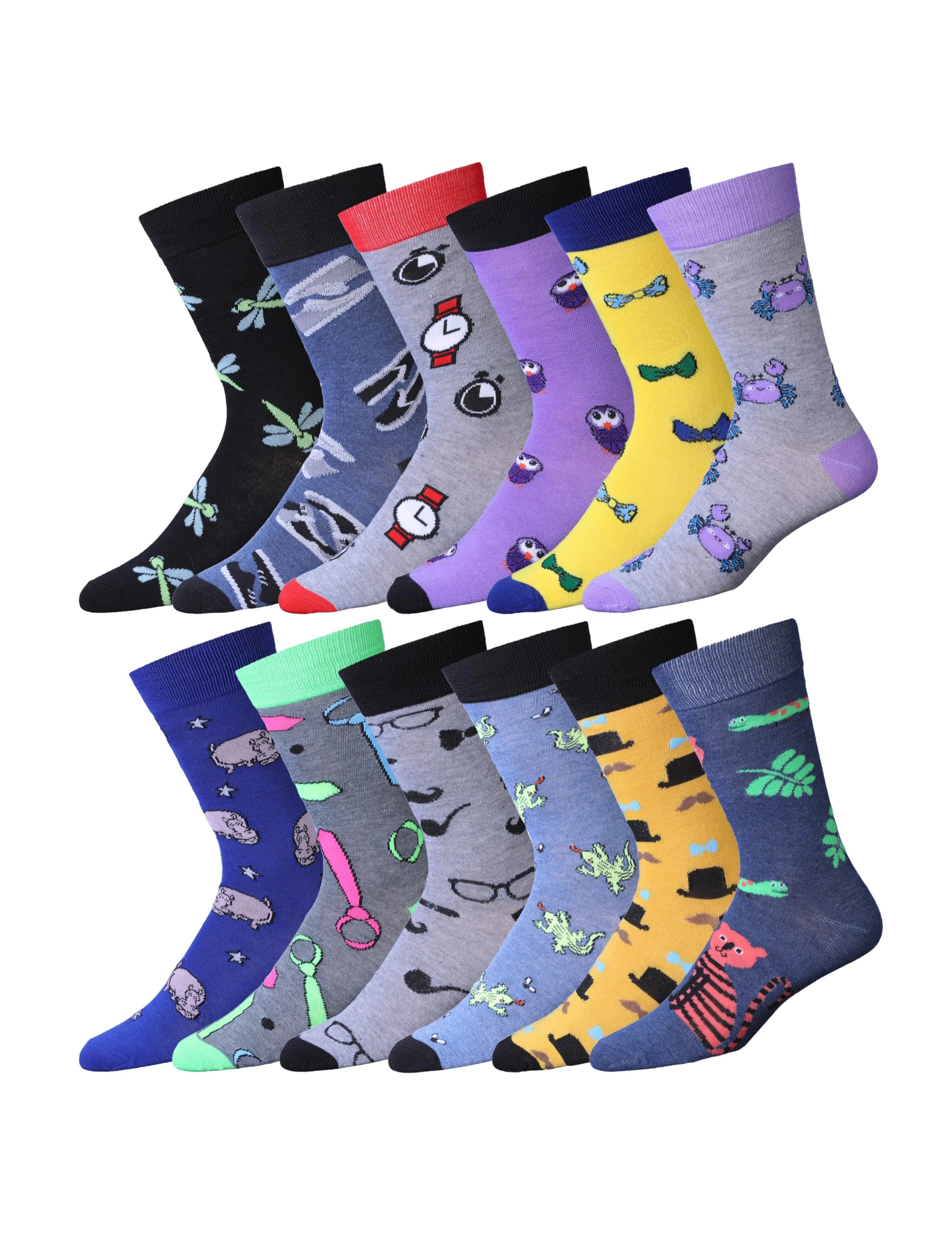 Men's 12 Pairs Casual Novelty Fashion Wardrobe Wonder Colorful Patterned Dress Socks for Men - Socks