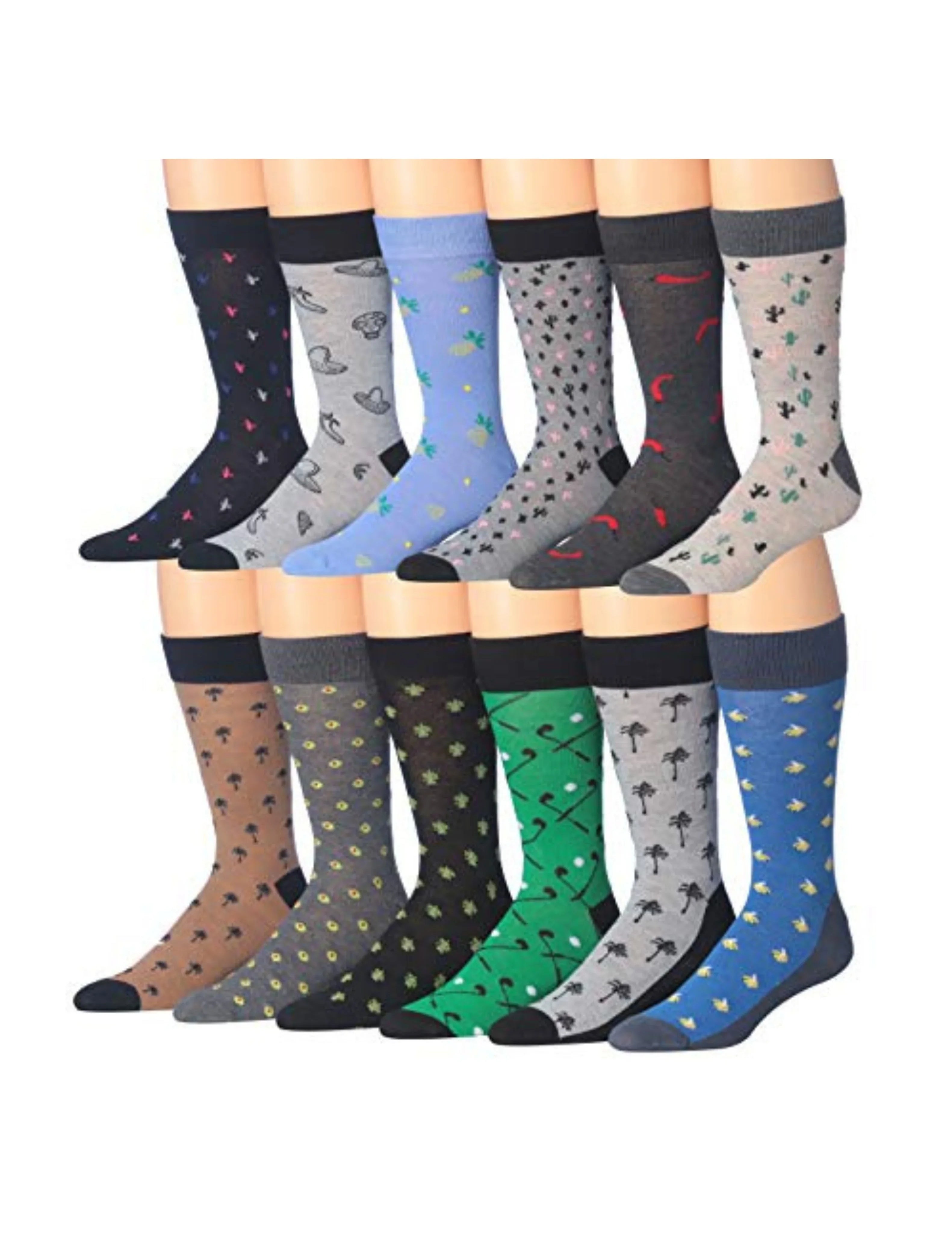 Men's 12 Pairs Casual Novelty Tropical Doodle Colorful Patterned Dress Socks for Men - Tipi Toe Socks