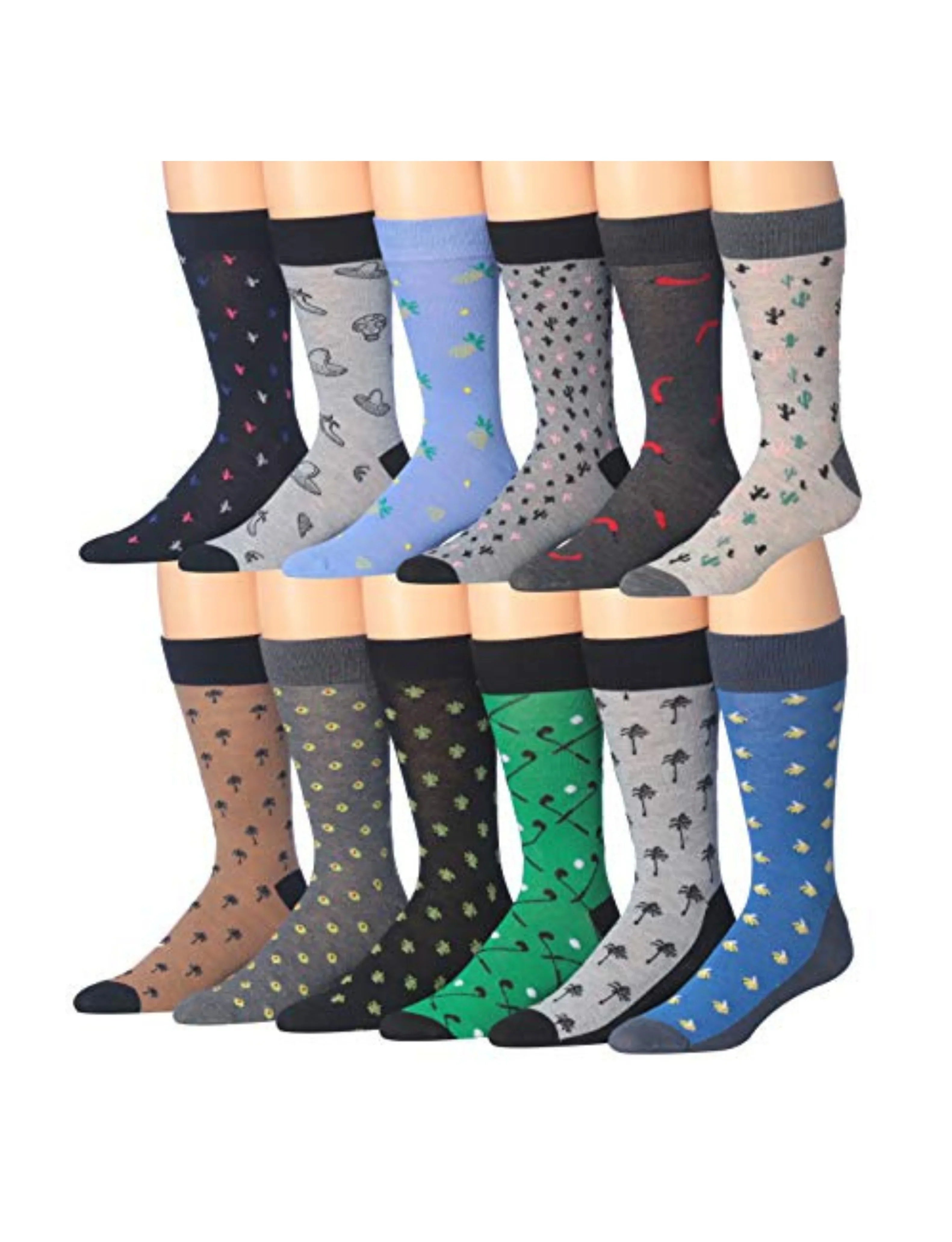 Men's 12 Pairs Casual Novelty Tropical Doodle Colorful Patterned Dress Socks for Men - Tipi Toe Socks