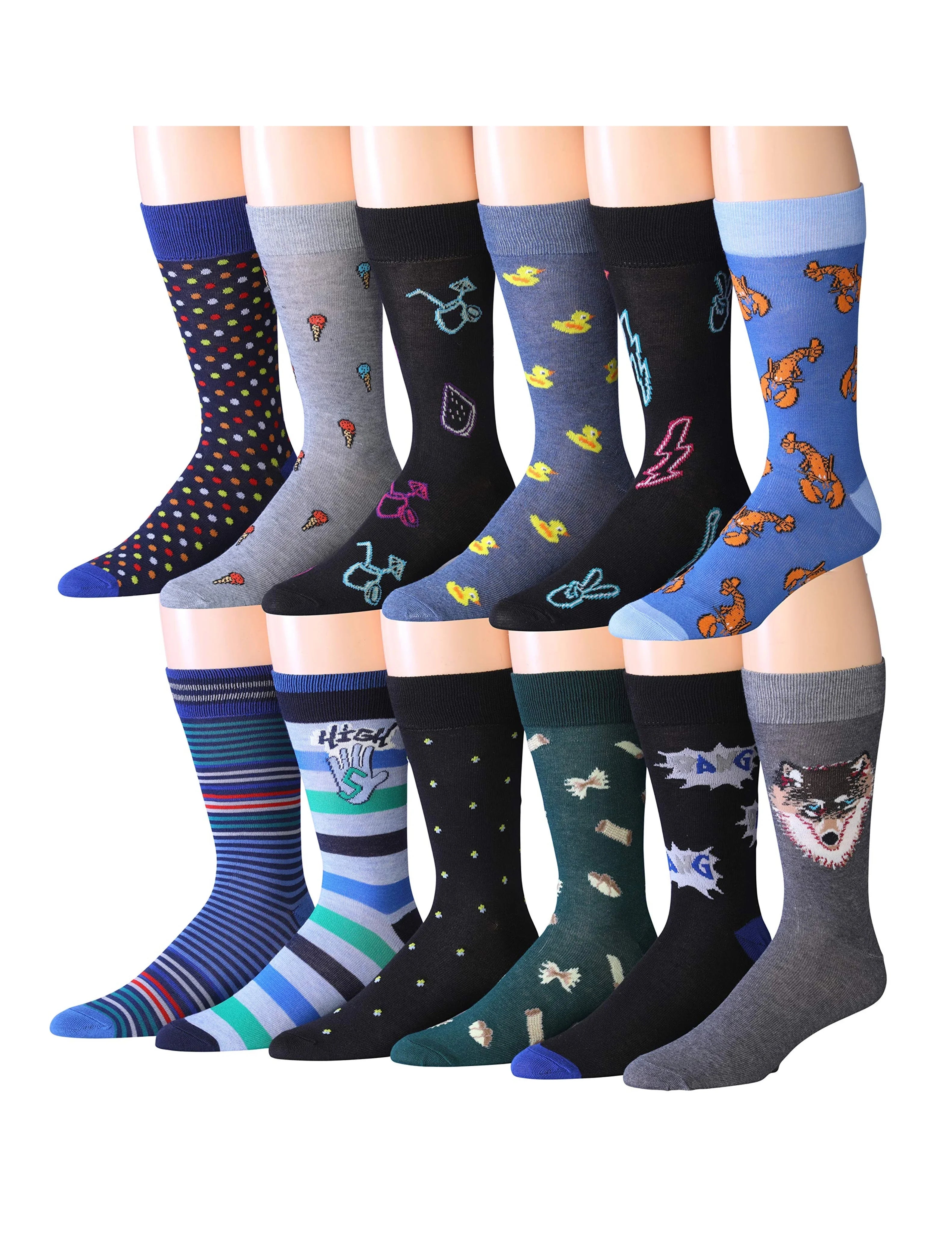 Men's 12 Pairs Casual Novelty Eclectic Animal Colorful Patterned Dress Socks for Men - Socks
